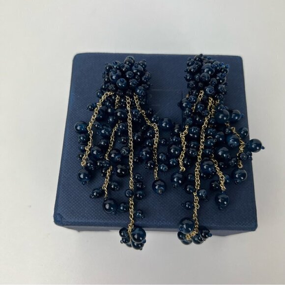 Women’s Oscar De La Renta,Azure Beaded Cascade ClipOn Earrings-4”.NavyBlue/Gold. - Picture 4 of 13